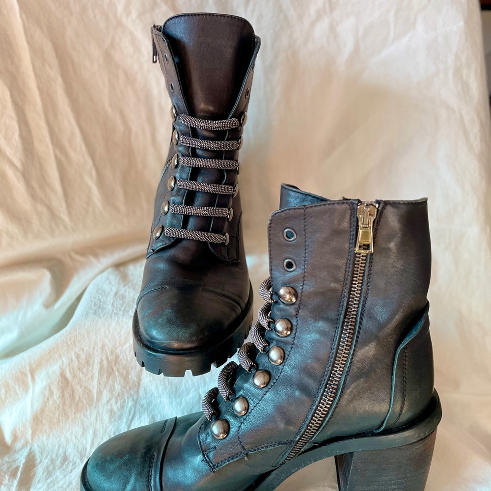 Sesto Meucci Black Leather Heeled Combat Boots | Lug Sole Lace-Up | Size 37 EUC